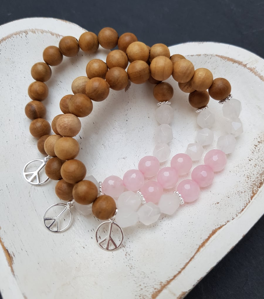 Rose quartz and sandalwood peace yoga bracelet 