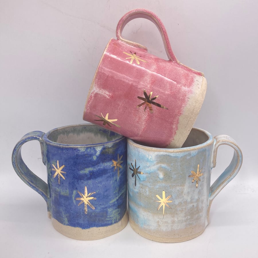 Starry Handmade Mug -22K Gold- Pink, Dark Blue or Light Blue Made to Order