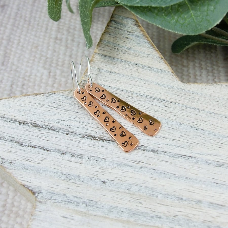 Earrings, Sterling Silver and Copper Heart and Dot Pattern Bar Droppers
