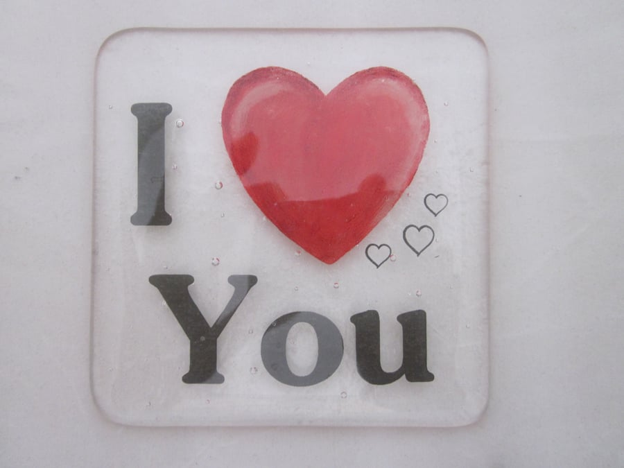  Handmade fused glass coaster - I love you 