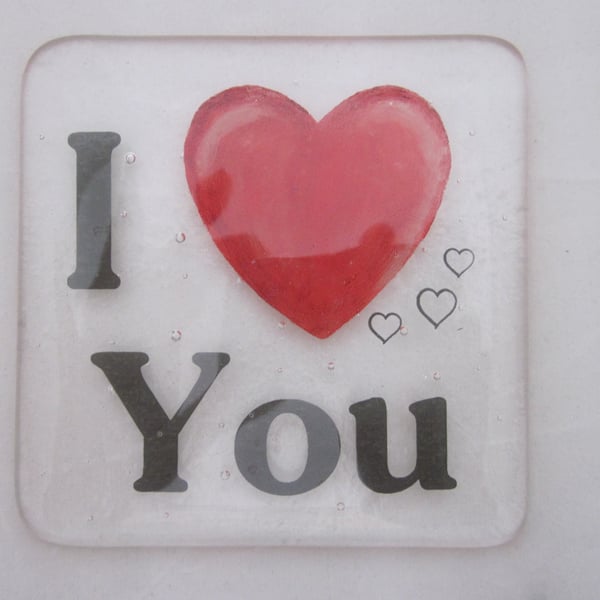  Handmade fused glass coaster - I love you 