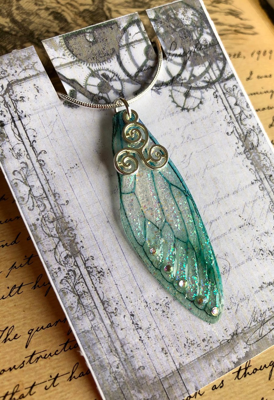 Sea Green and Blue Fairy Wing Triskelion Sterling Silver Necklace