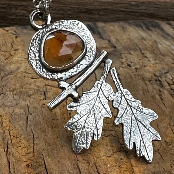 Oak Leaf Pendant with Garnet