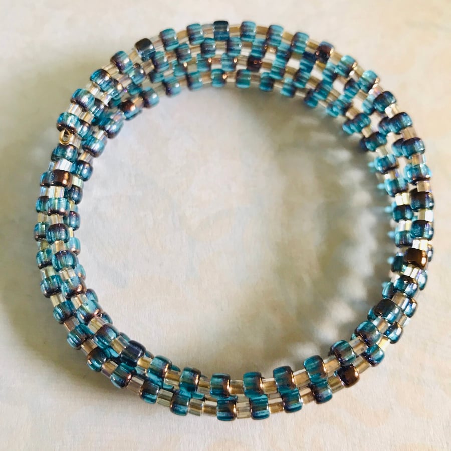 Bronze & Blue Beaded Memory Wire Bracelet