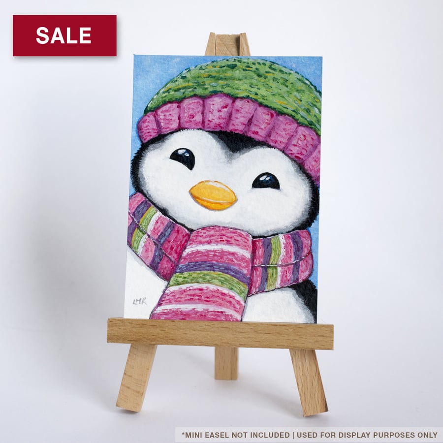 SALE - Original ACEO - Cute Penguin Wearing Striped Scarf & Hat
