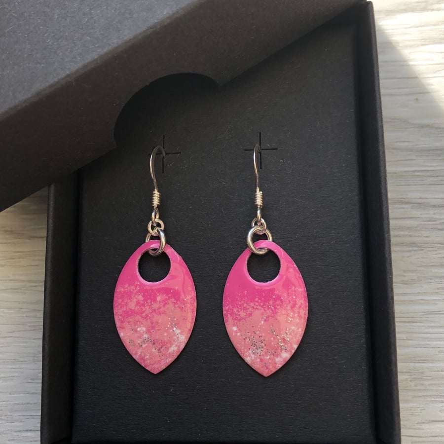 Two tone pink and glitter enamel scale earrings. Sterling silver. 