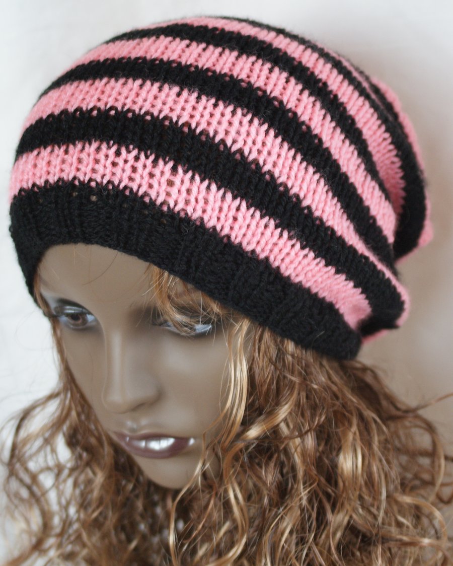 Hat  Unisex Knitted Slouchy Hat Black and Pink 