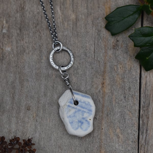 Scottish Sea Pottery and Recycled Sterling Silver Necklace, Light Blue and White