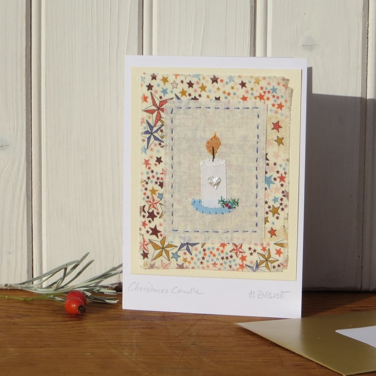 Christmas Candle hand-stitched miniature on recycled card, detailed and unique