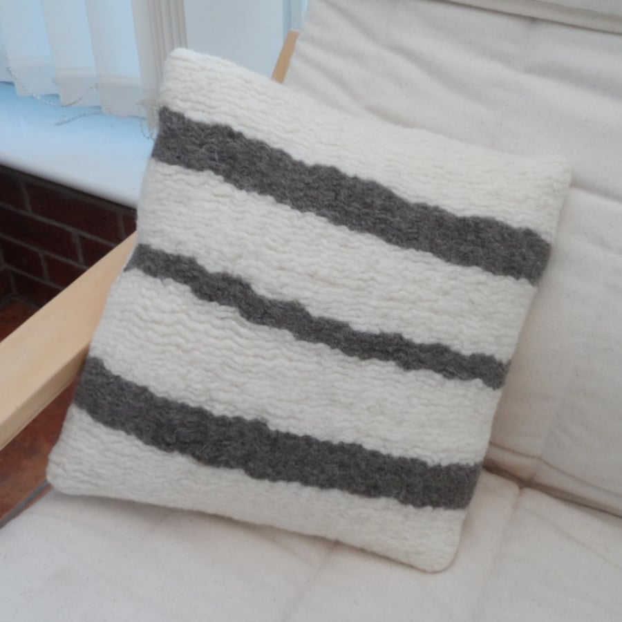 Felted woven cushion in white with grey stripes (includes cushion pad)
