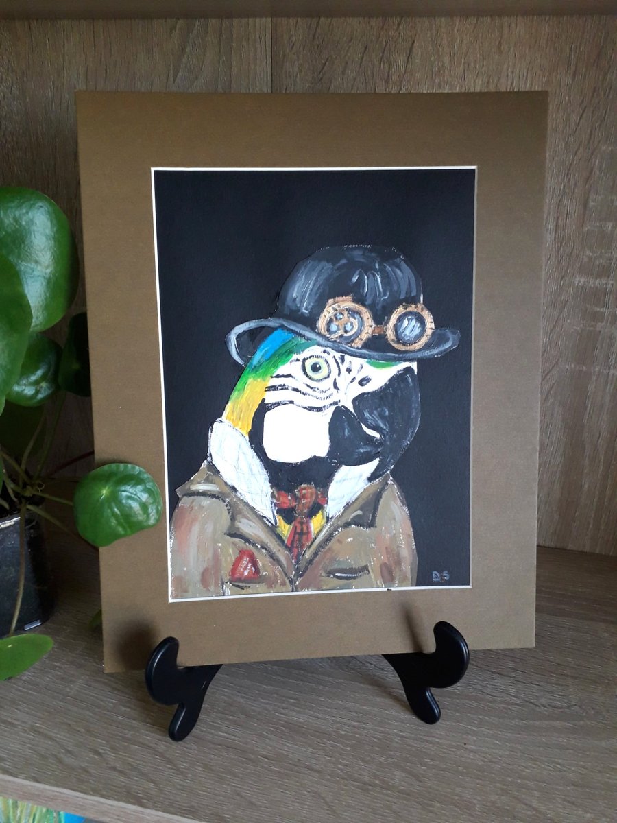 Steampunk style Macaw Parrot original painting.  