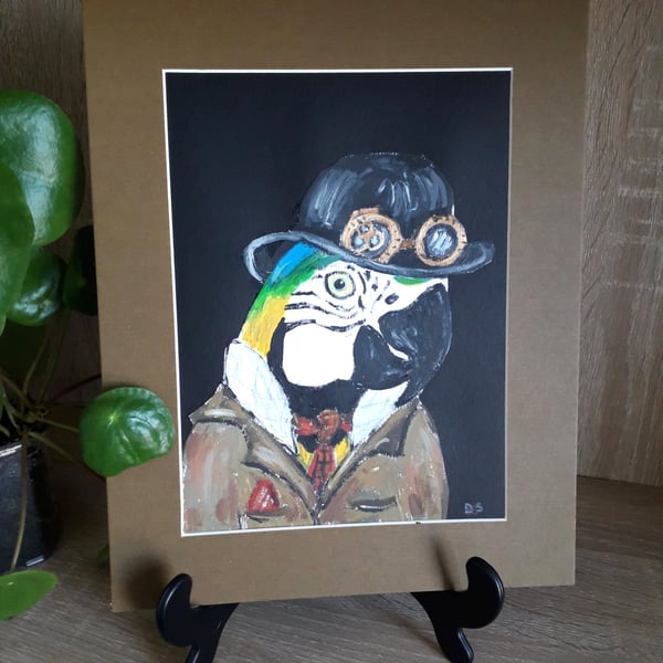 Steampunk style Macaw Parrot original painting.  