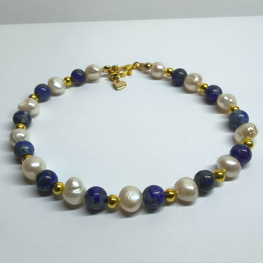 Limited Edition Lapis Lazuli & Freshwater Pearl Bracelet Handmade Gold Tone