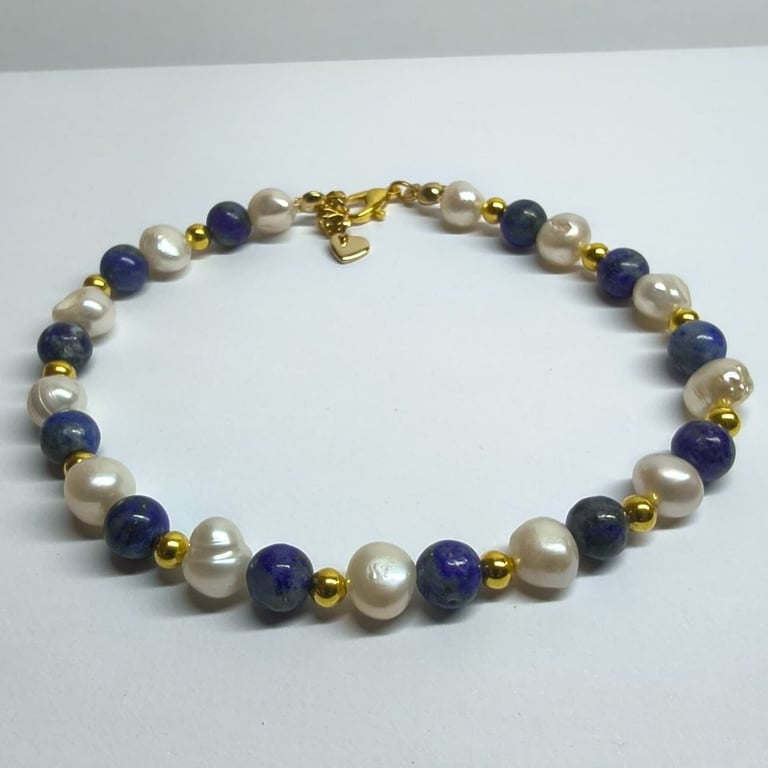 Limited Edition Lapis Lazuli & Freshwater Pearl Bracelet Handmade Gold Tone