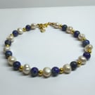 Limited Edition Lapis Lazuli & Freshwater Pearl Bracelet Handmade Gold Tone