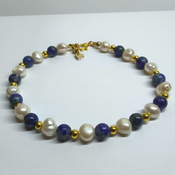 Limited Edition Lapis Lazuli & Freshwater Pearl Bracelet Handmade Gold Tone