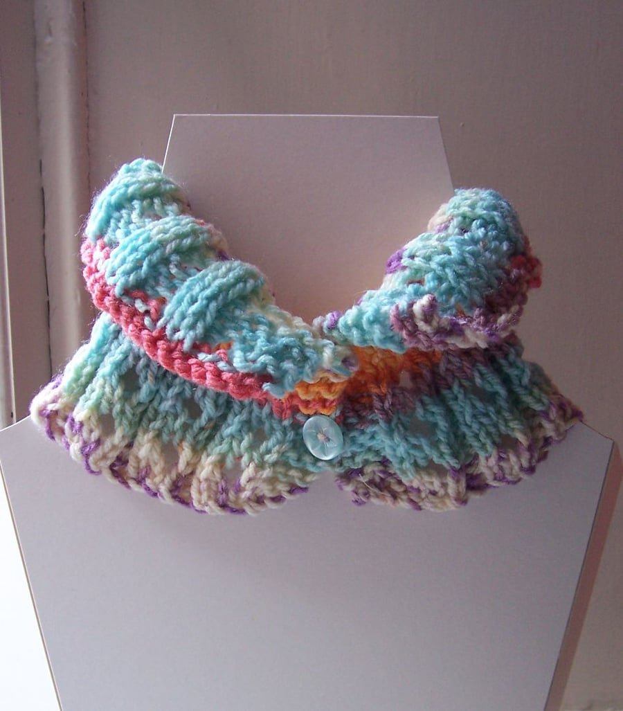 Pretty pastel hand knit eyelet button fastening neckwarmer 