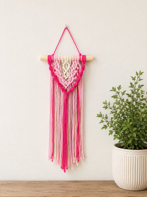 Small Pink Layered Macrame Wall Hanging, Boho Style Decor, 20cm Wooden Dowel