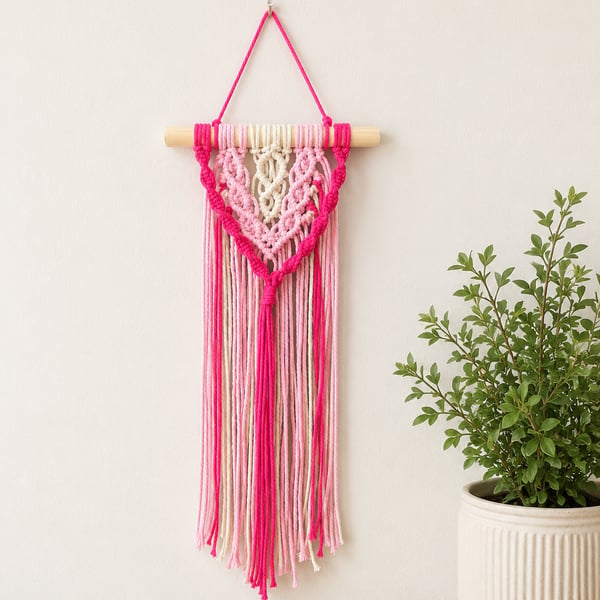 Small Pink Layered Macrame Wall Hanging, Boho Style Decor, 20cm Wooden Dowel