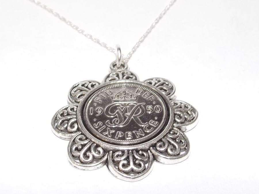 Floral Pendant 1950 Lucky sixpence 71st Birthday plus a Sterling Silver 18in Cha