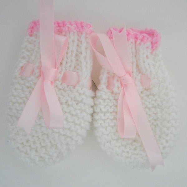 Hand Knitted Pink and White Baby Mittens - UK Free Post