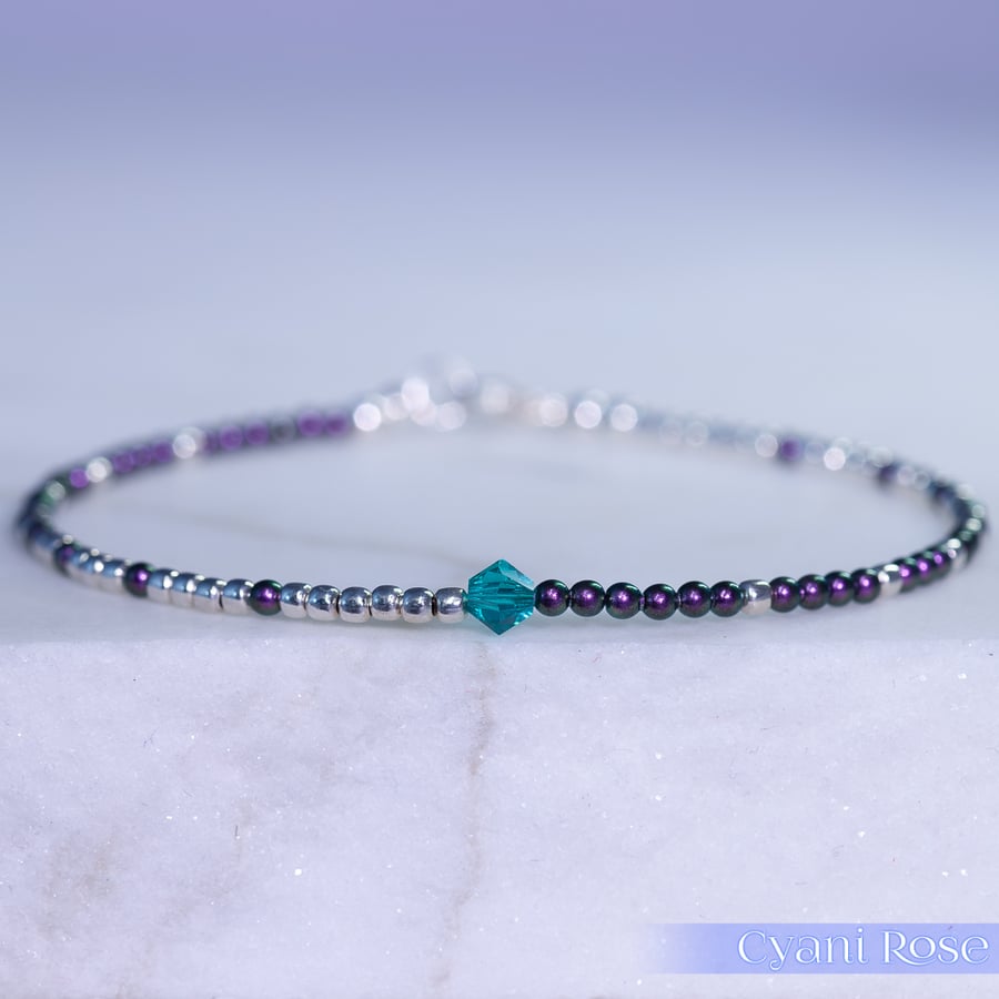 Bracelet dainty sterling silver & Swarovski glass pearl asymmetric pattern 