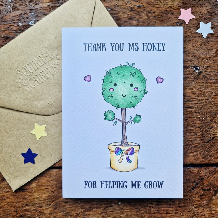 Customised teacher thank you card, for helping me grow! Childminder card