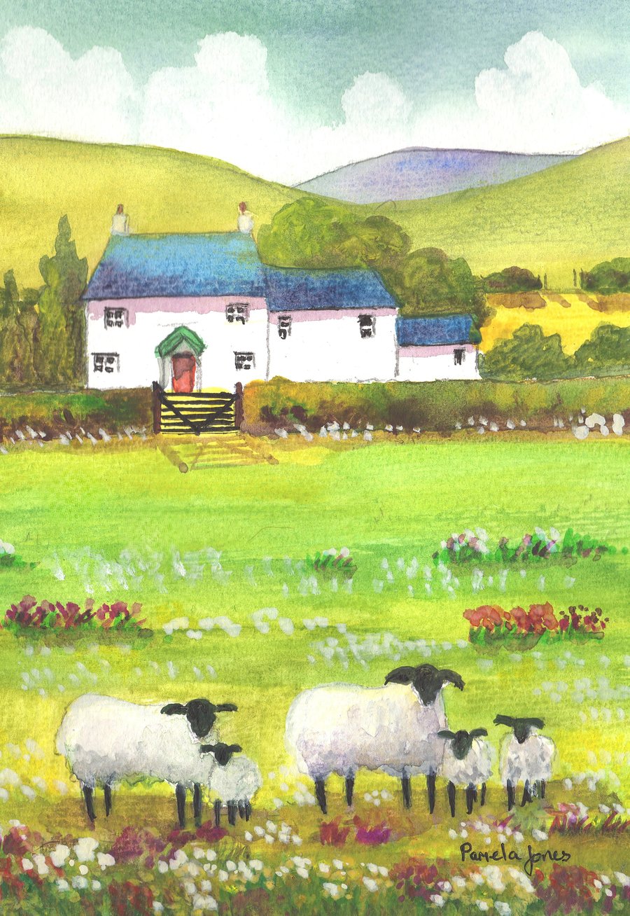 Spring Lambs, Welsh Farm - Original watercolour in 14 x 11'' Mount