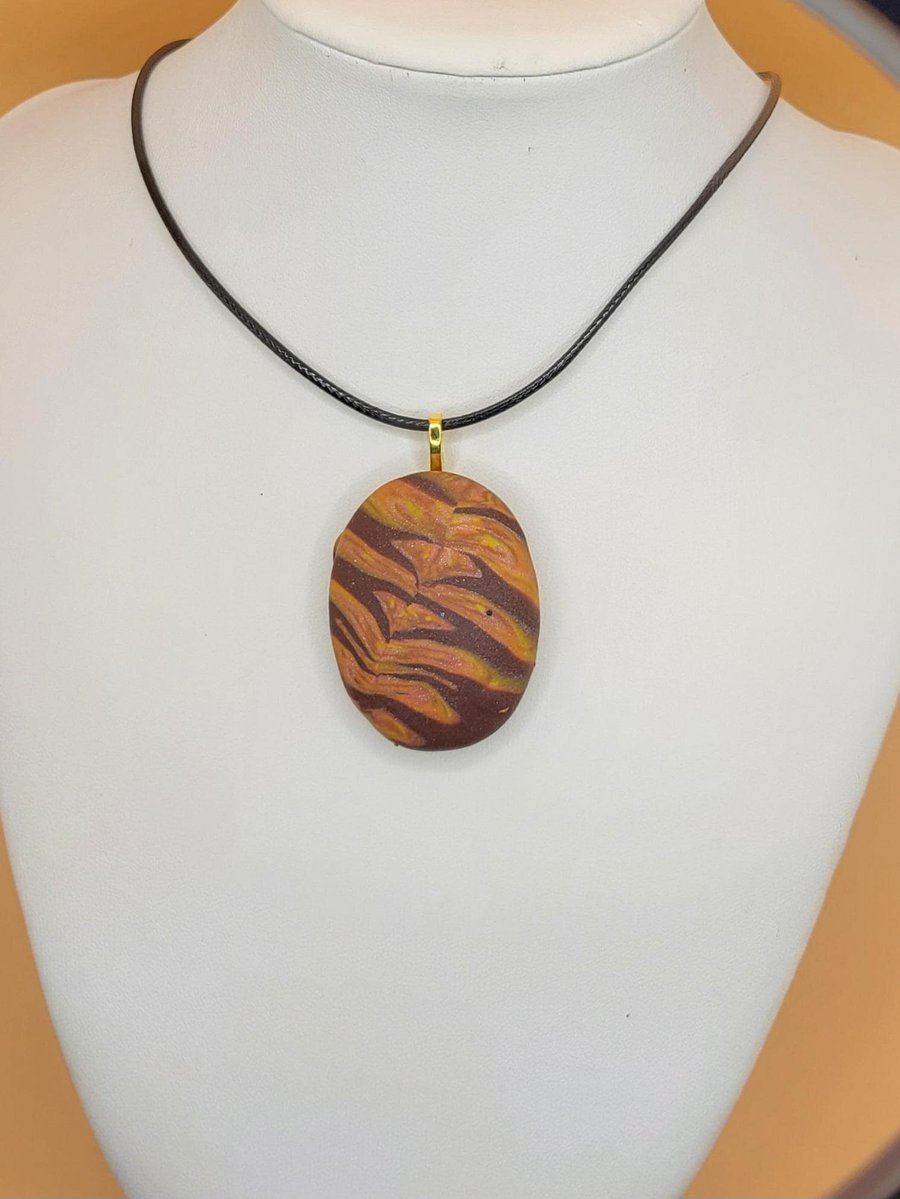Image of Handmade Oval Polymer Clay Pendant Necklace, Colourful Artisan Boho Jewellery