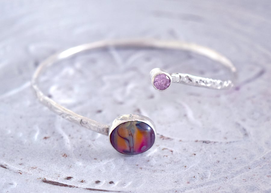 Silver Bangle Set with Pink Handmade Glass Bead and Pink CZ on Textured Band