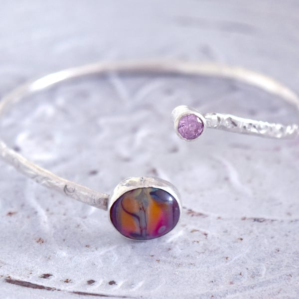 Silver Bangle Set with Pink Handmade Glass Bead and Pink CZ on Textured Band