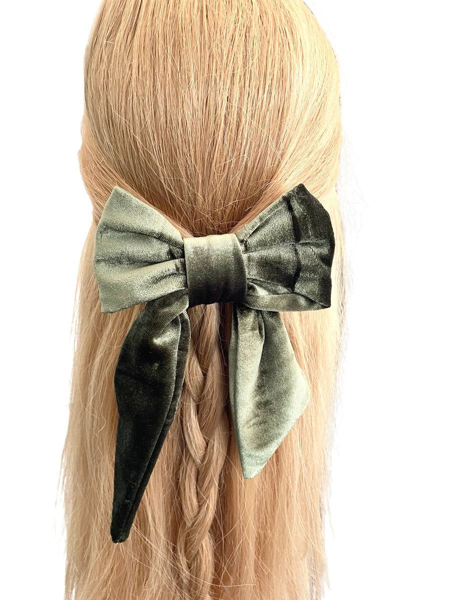 Luxury olive green velvet hair bow barrette clip for women
