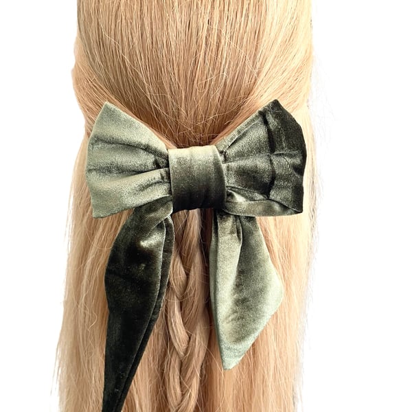 Luxury olive green velvet hair bow barrette clip for women