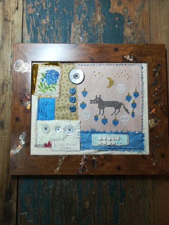 Textile Art, mixed media,cross stitch, primitive stitching, folk art hanging