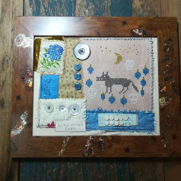 Textile Art, mixed media,cross stitch, primitive stitching, folk art hanging