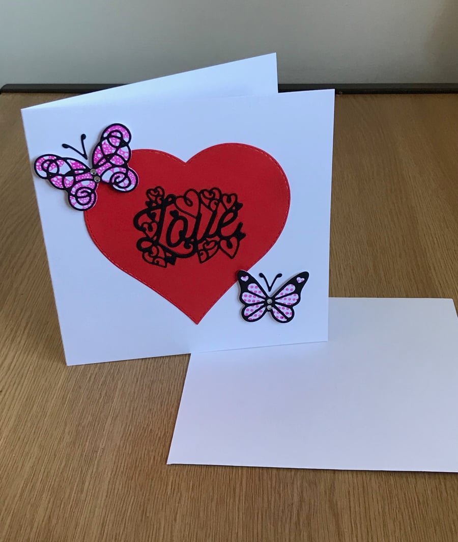 BB31 Heart and Butterflies Valentines Card -Personalise Sentiment 
