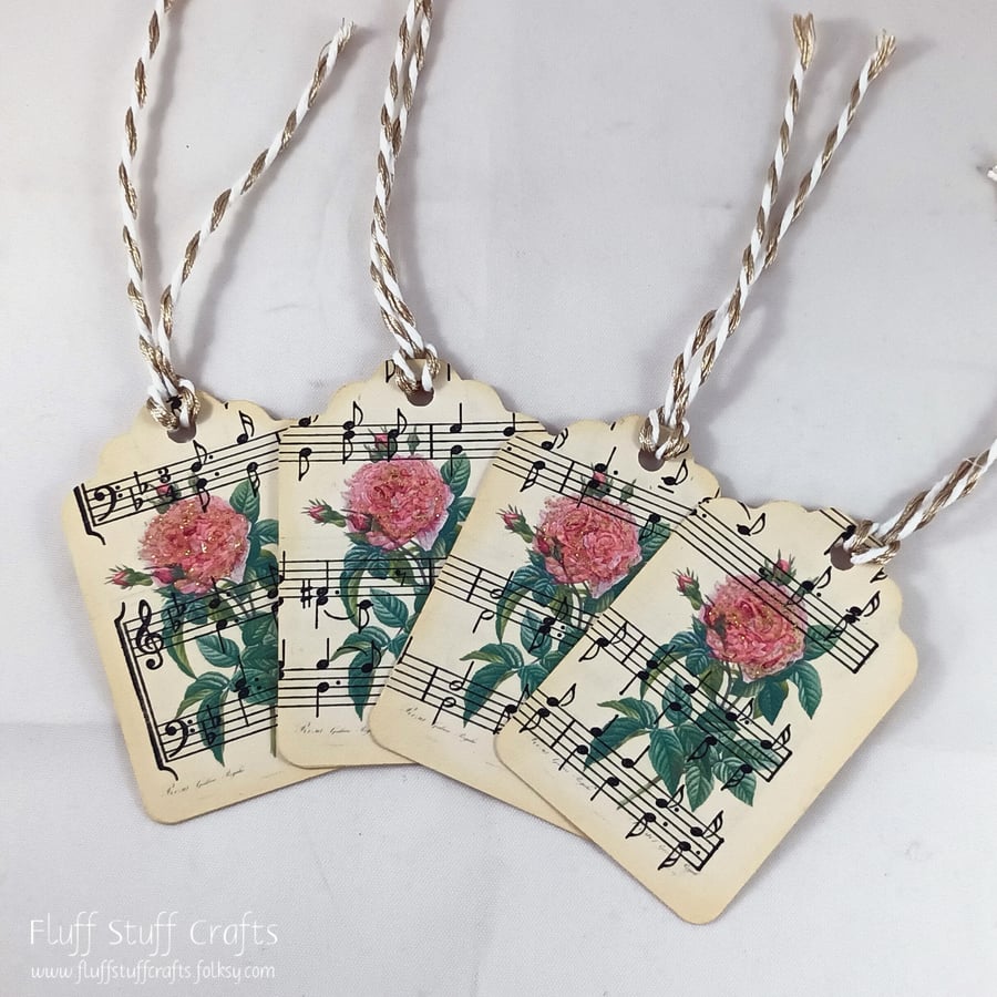 Pack of 4 handmade gift tags - rose on music background
