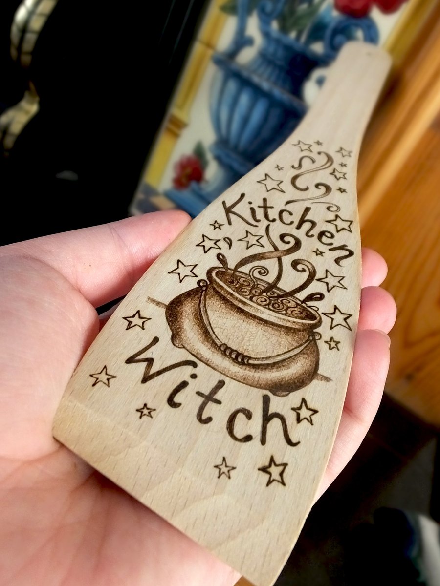 Kitchen Witch Wooden Pyrography Spatula Personalised Kitchen Decoration