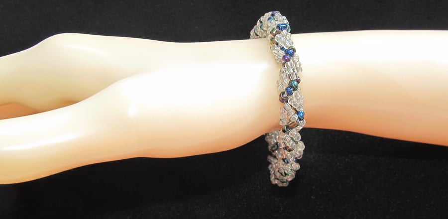 Slimline Bracelet: Clear Silver-lined & Multi-Metalic Seed Beads in Spiral Weave
