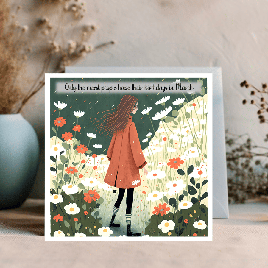 March Watercolour print greetings card for a March Birthday