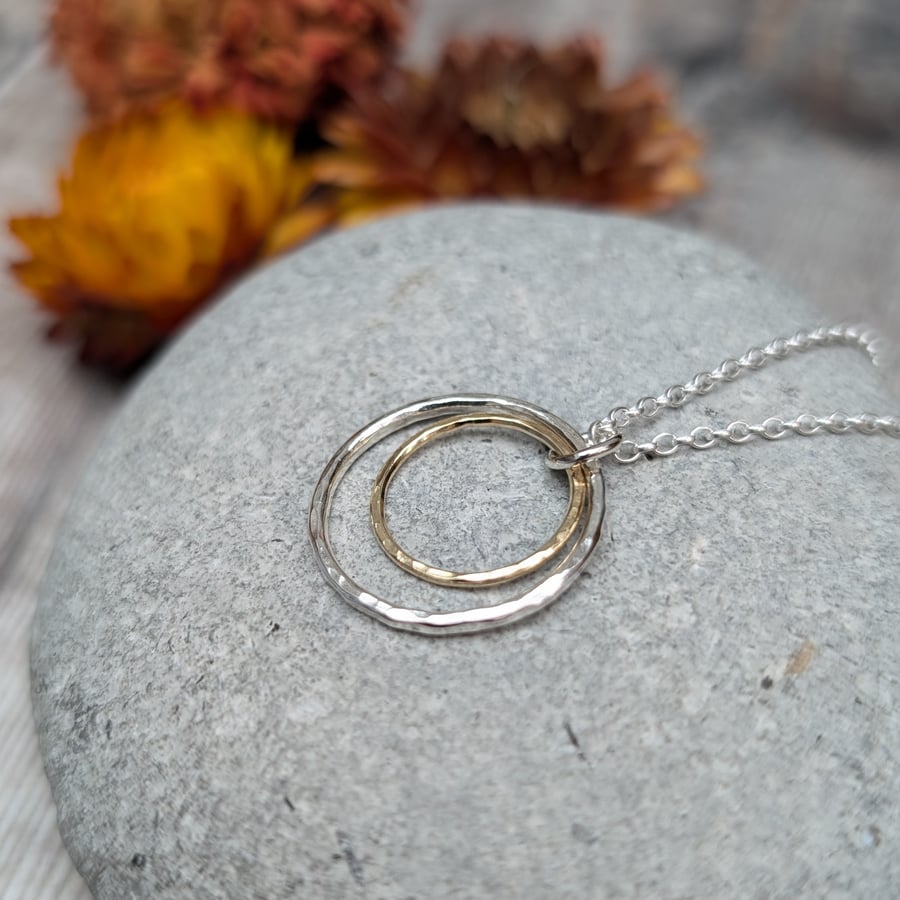 Sterling Silver and Gold 2 Circle Hammered Necklace Pendant