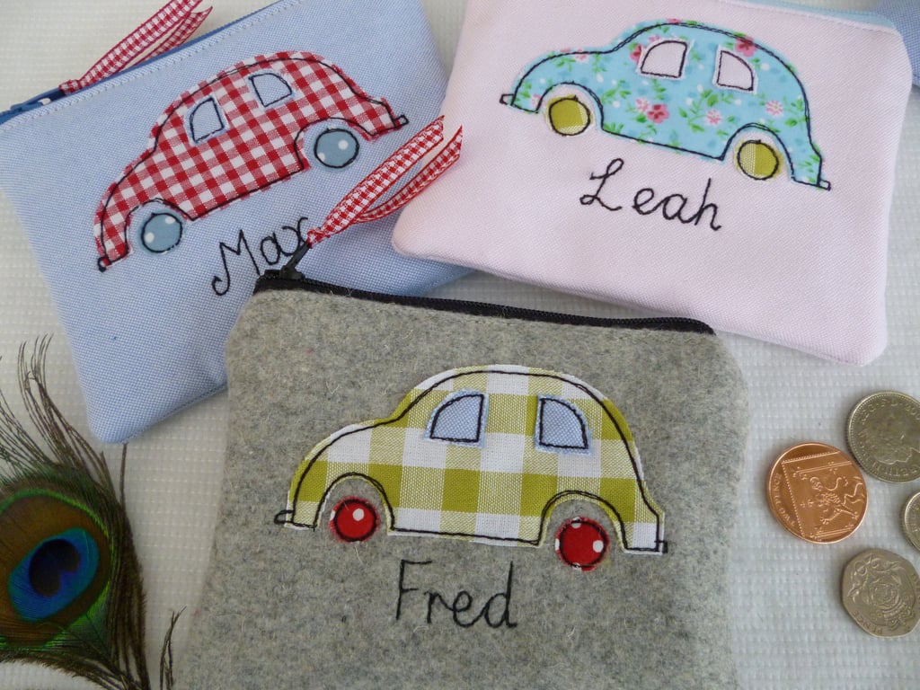 Personalised Car Purse or Wallet - Choice of Colours with Matching Lining