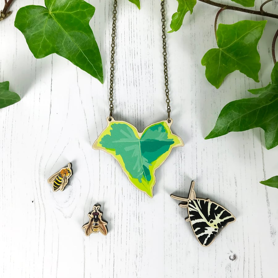 Pick Your Own Insect Small Ivy Illustration Wooden Statement Necklace