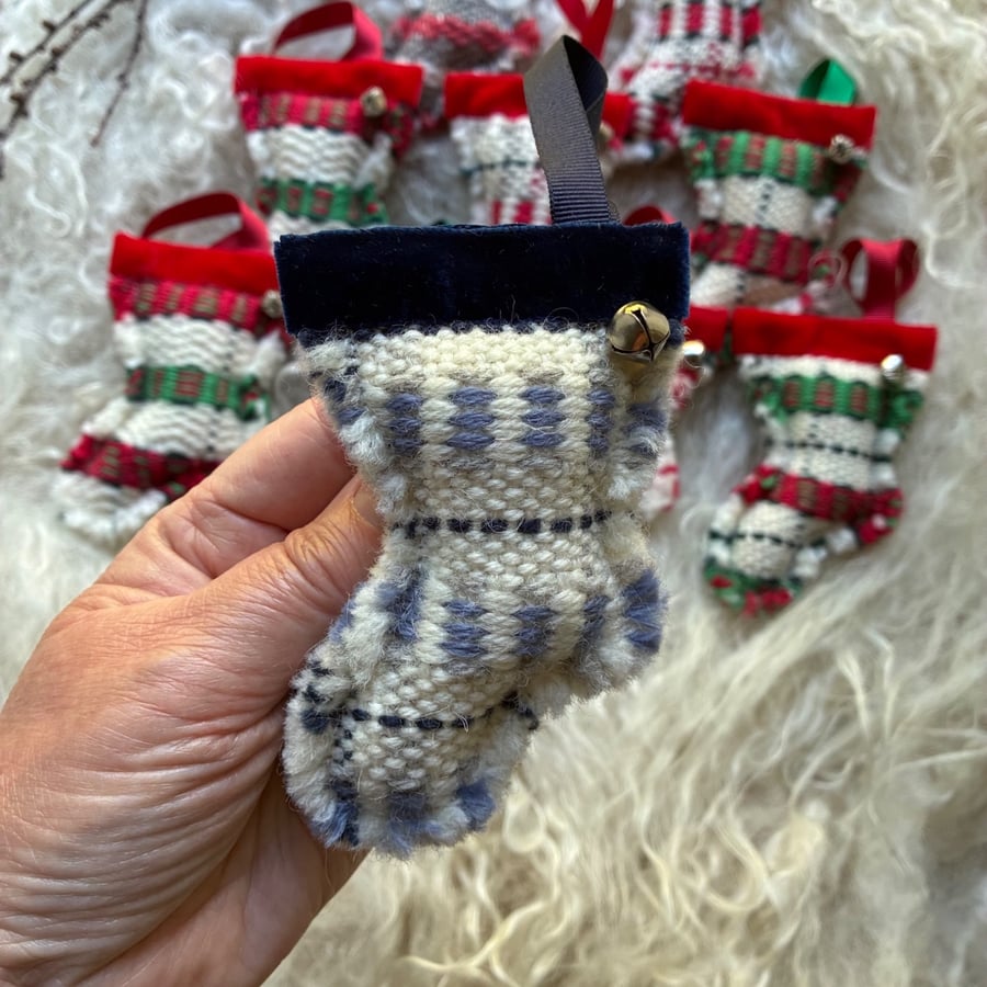 Christmas Stocking decoration - Blue & Navy. Handwoven in Wales