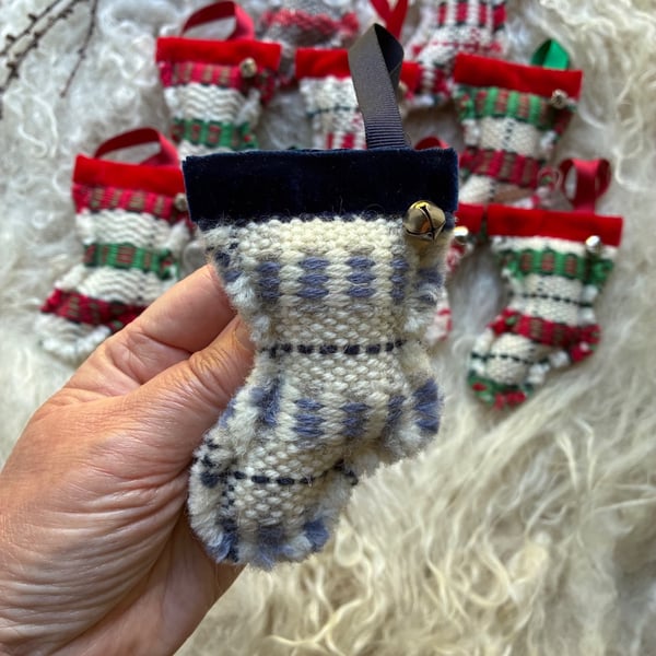 Christmas Stocking decoration - Blue & Navy. Handwoven in Wales