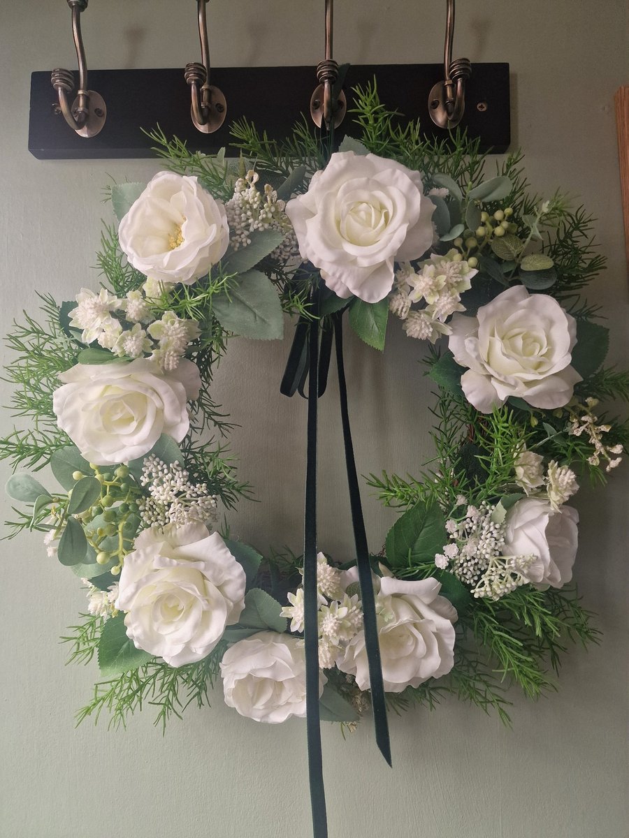 Handmade White Rose Wreath,Classic Ivory and Cream Roses, Lush Greenery, Gypsoph