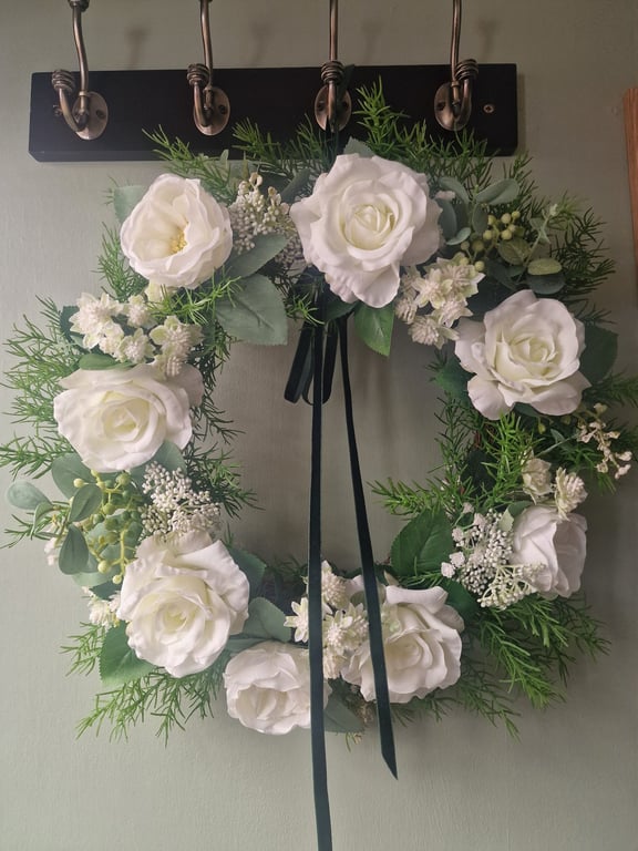 Handmade White Rose Wreath,Classic Ivory and Cream Roses, Lush Greenery, Gypsoph