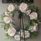 Handmade White Rose Wreath,Classic Ivory and Cream Roses, Lush Greenery, Gypsoph