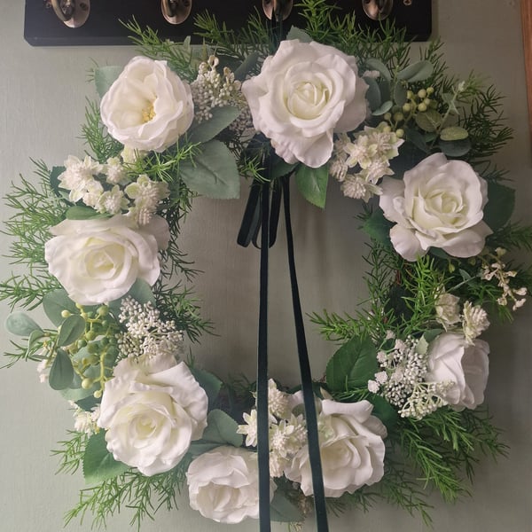 Handmade White Rose Wreath,Classic Ivory and Cream Roses, Lush Greenery, Gypsoph