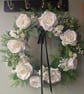 Handmade White Rose Wreath,Classic Ivory and Cream Roses, Lush Greenery, Gypsoph